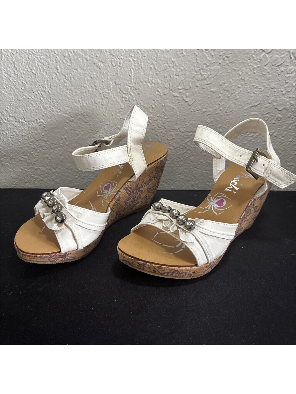 Machi Women's White Wedge Sandals Size 6.5 Cork Heel Ruffle